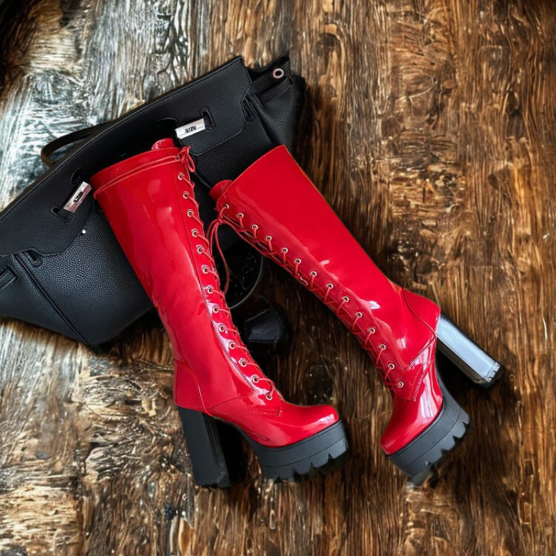 Women’s Knee-High Boots – Glossy Finish – Chunky Platform – Lace-Up – Block Heel
