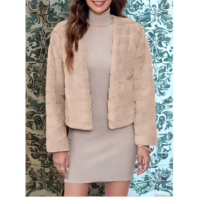 Women’s Faux Fur Jacket – Cropped – Relaxed Fit – Open Front – Long Sleeve – Textured