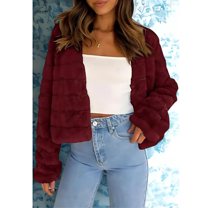 Women’s Faux Fur Jacket – Cropped – Relaxed Fit – Open Front – Long Sleeve – Textured