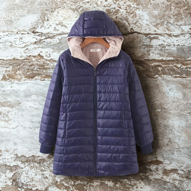 Women’s Hooded Padded Coat – Relaxed Fit – Mid-Length Quilted – Fleece Lined – Zip Front