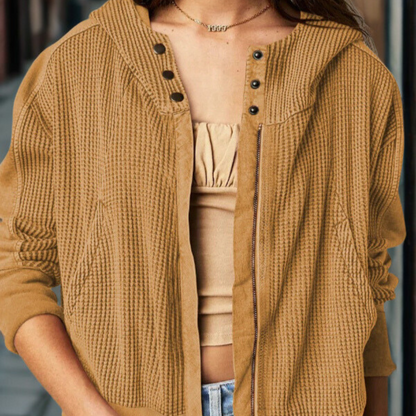 Women’s Cropped Hoodie – Waffle Knit – Relaxed Fit – Snap Closure – Thumbhole Cuffs