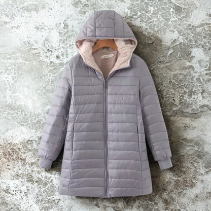 Women’s Hooded Padded Coat – Relaxed Fit – Mid-Length Quilted – Fleece Lined – Zip Front