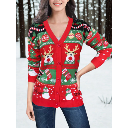 Women’s Cardigan – Knit Fabric – Loose Fit – V-Neck – Button Front – Festive Pattern