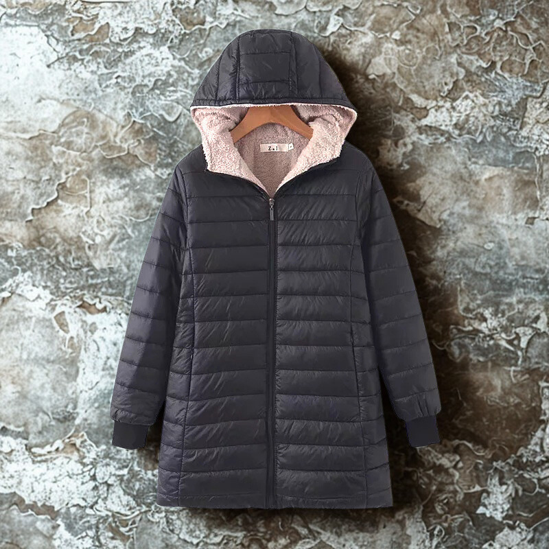 Women’s Hooded Padded Coat – Relaxed Fit – Mid-Length Quilted – Fleece Lined – Zip Front