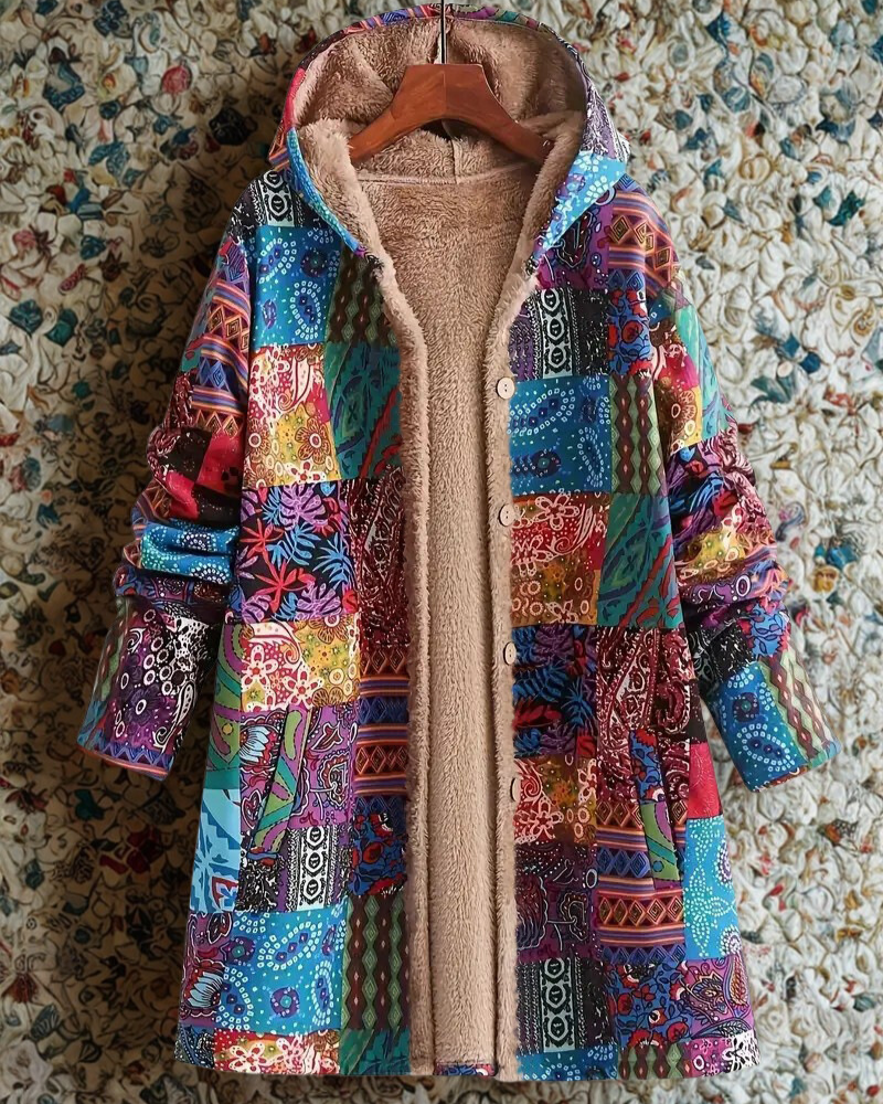 Women’s Hooded Jacket – Patchwork Design – Sherpa Lined – Loose Fit – Mid-Thigh Length