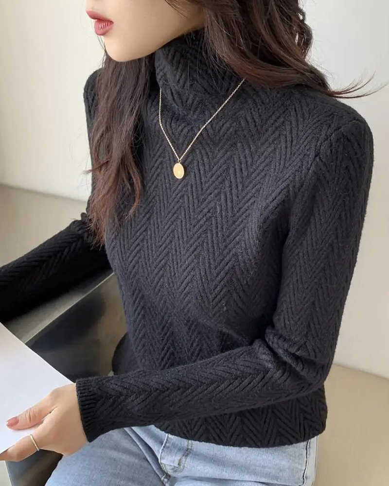 Chevron Pattern Wool Knit Turtleneck Pullover Sweater 