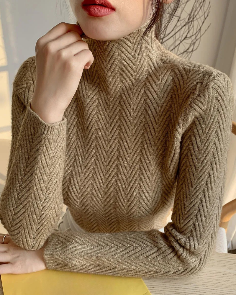 Chevron Pattern Wool Knit Turtleneck Pullover Sweater 