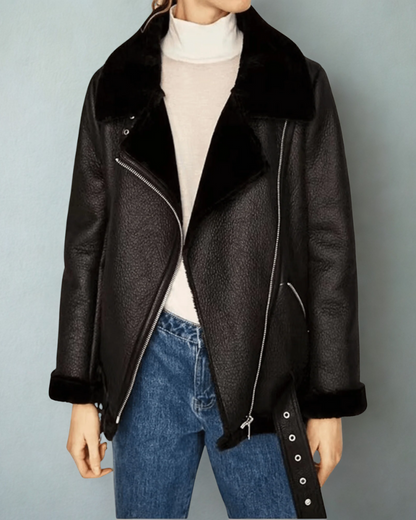 Women’s Motorcycle Jacket – Loose Fit – Shearling Lined – Asymmetrical Zip – Belted Waist
