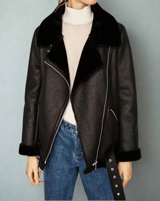Shearling Lined Belted Loose Fit Motorcycle Jacket 