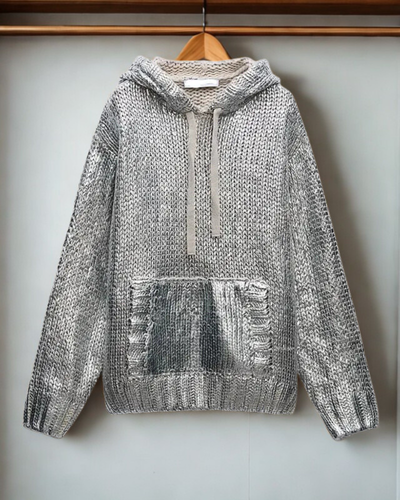 Women’s Hooded Sweatshirt – Oversized Fit – Metallic Knit – Drop Shoulder – Kangaroo Pocket