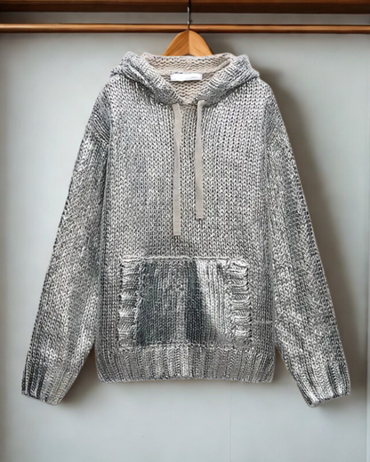Women’s Hooded Sweatshirt – Oversized Fit – Metallic Knit – Drop Shoulder – Kangaroo Pocket