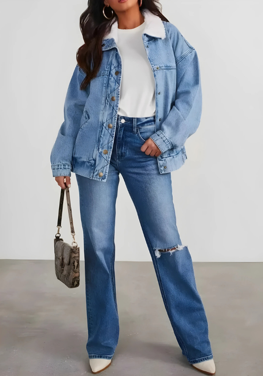 Oversized Quilted Detail Denim Jacket 