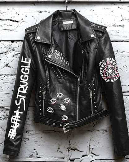 Women’s Motorcycle Jacket – Slim Fit – Cropped Leather – Rivets – Graphic Print
