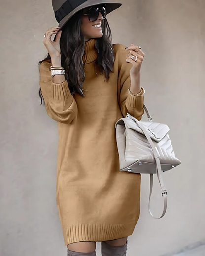 Women’s Mini Dress – Knit Fabric – Turtleneck – Ribbed Trim – Relaxed Slim Fit