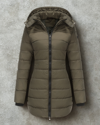 Women’s Longline Padded Coat – Quilted Design – Hooded – Two-Way Zipper – Structured Fit
