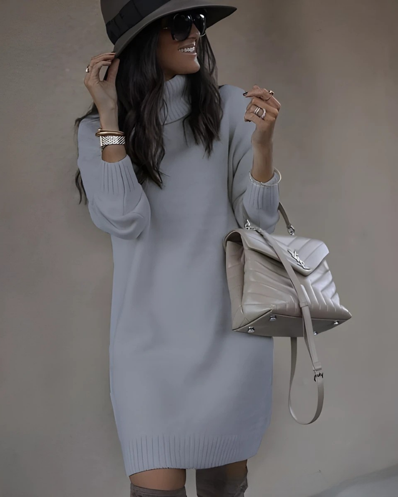 Women’s Mini Dress – Knit Fabric – Turtleneck – Ribbed Trim – Relaxed Slim Fit