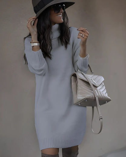 Women’s Mini Dress – Knit Fabric – Turtleneck – Ribbed Trim – Relaxed Slim Fit