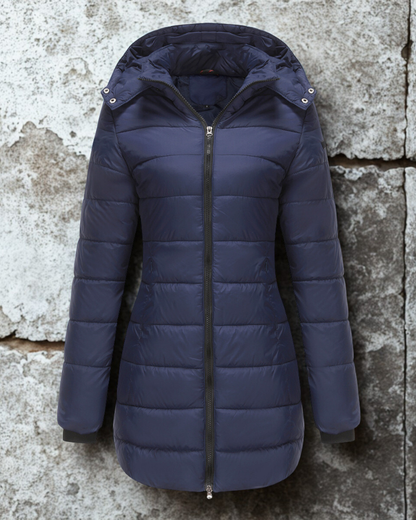 Women’s Longline Padded Coat – Quilted Design – Hooded – Two-Way Zipper – Structured Fit