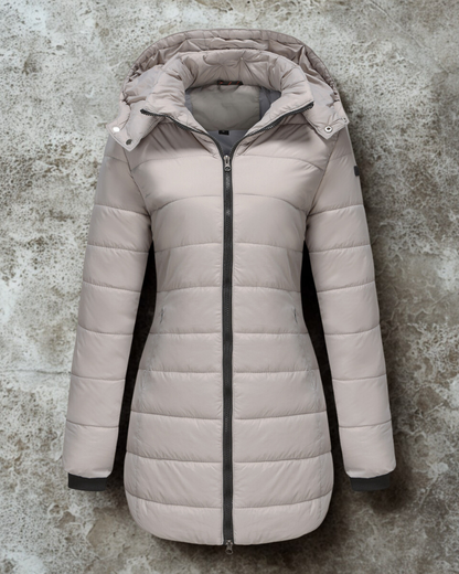 Women’s Longline Padded Coat – Quilted Design – Hooded – Two-Way Zipper – Structured Fit