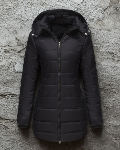 Women’s Longline Padded Coat – Quilted Design – Hooded – Two-Way Zipper – Structured Fit