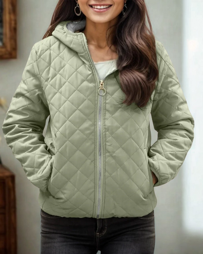 Women’s Quilted Jacket – Relaxed Fit – Hooded – Diamond Stitch – Zipper Closure