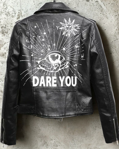 Women’s Motorcycle Jacket – Slim Fit – Cropped Leather – Rivets – Graphic Print