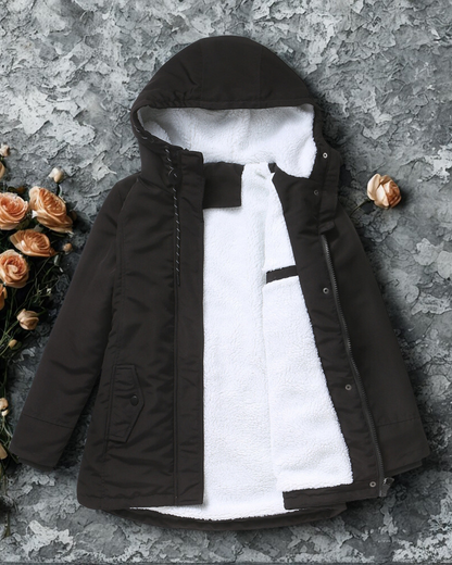 Women’s Hooded Jacket – Regular Fit – Plush Lined Hood – Snap Front – Mid-Thigh Length
