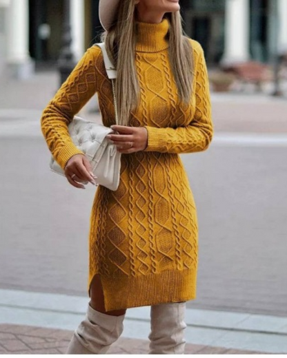 Women’s Mini Dress – Slim Fit Knit – Cable Knit Pattern – Turtleneck – Side Slit