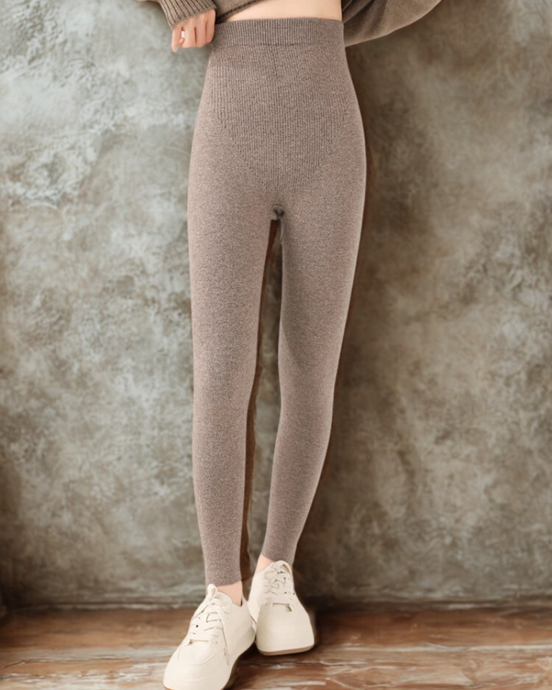 Women’s Leggings – Slim Fit – High Waist – Ribbed Waistband – Knit Full Length