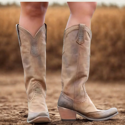 Women’s Boots - Distressed Leather Look - Mid-Calf Shaft - Pointed Toe - Block Heel