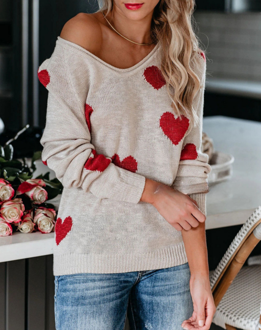 Knit Relaxed Fit Heart Pattern Sweatshirt