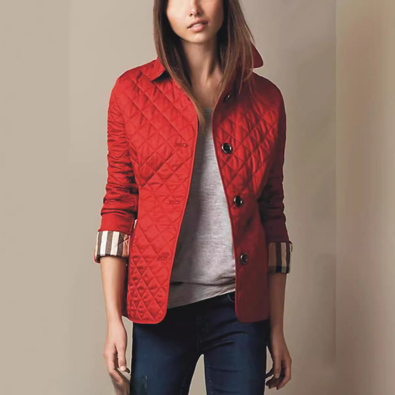 Women’s Quilted Jacket – Slim Fit – Diamond Stitch – Shirt Collar – Hip Length – Pockets