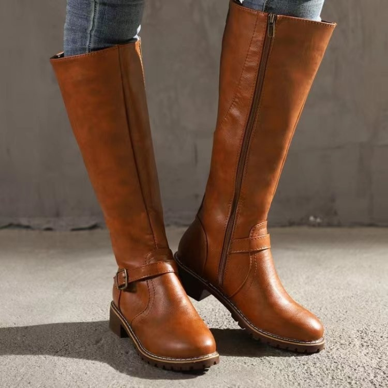 Women’s Boots - Leather-Like Material - Knee-High Shaft - Dual Zipper Closure