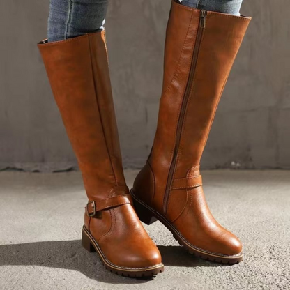 Women’s Boots - Leather-Like Material - Knee-High Shaft - Dual Zipper Closure