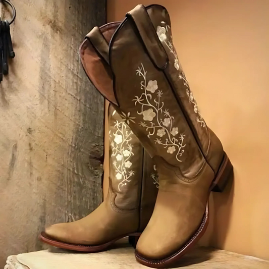 Leather Mid-Calf Western Floral Embroidered Boots