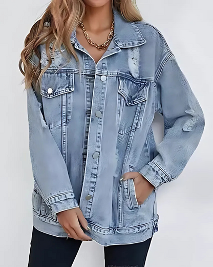 Women’s Oversized Jacket – Denim Look – Distressed Ripped Design – Button Front
