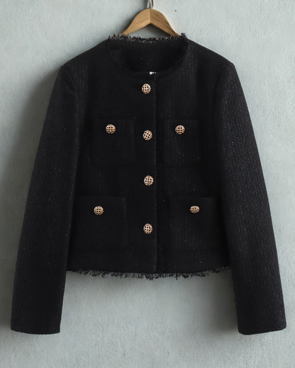 Women’s Cropped Jacket – Textured Woven – Tailored Fit – Metal Buttons – Raw Hem