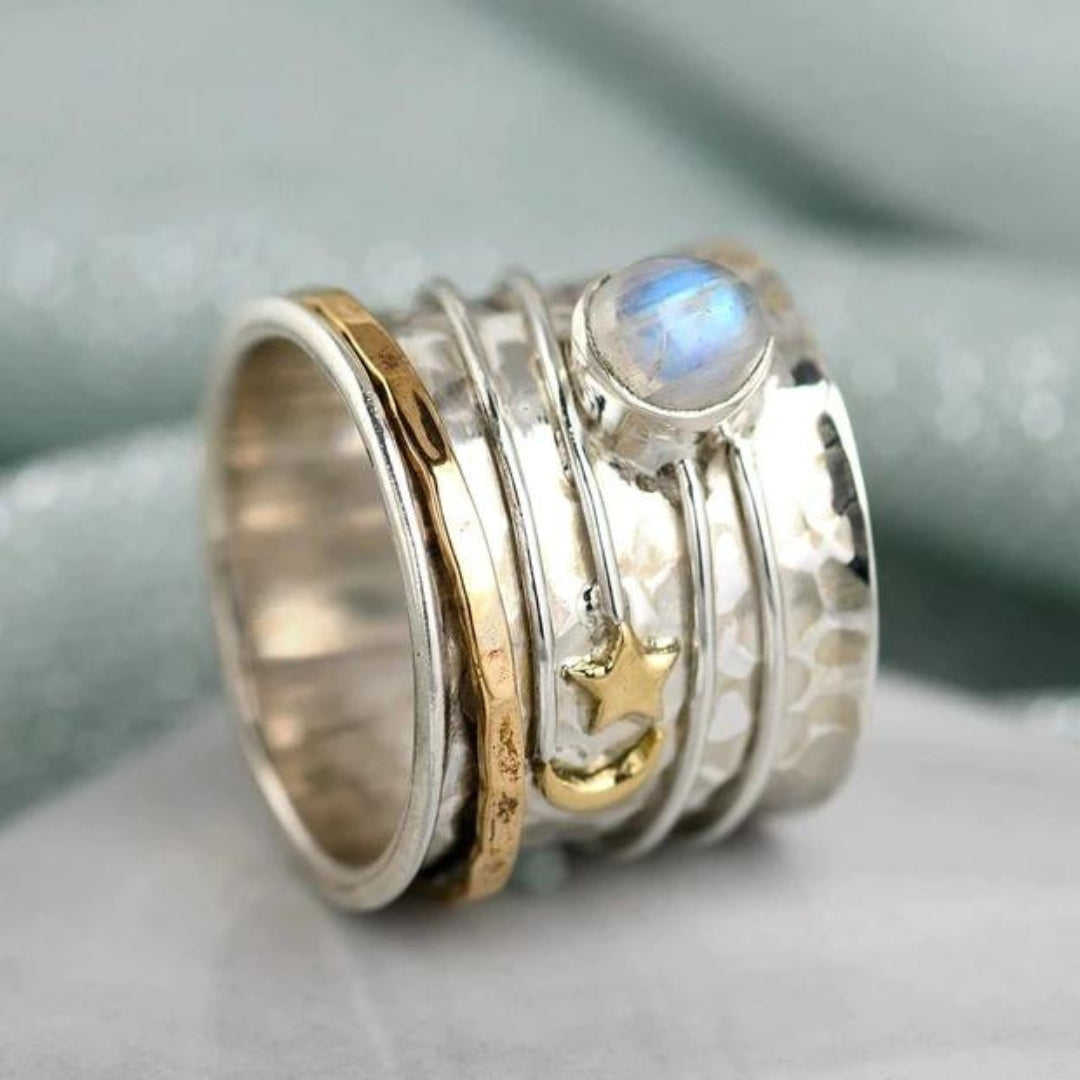 Star and moon moonstone spinner ring