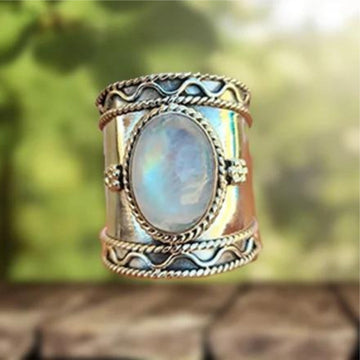 Bohemian moonstone wide band ring