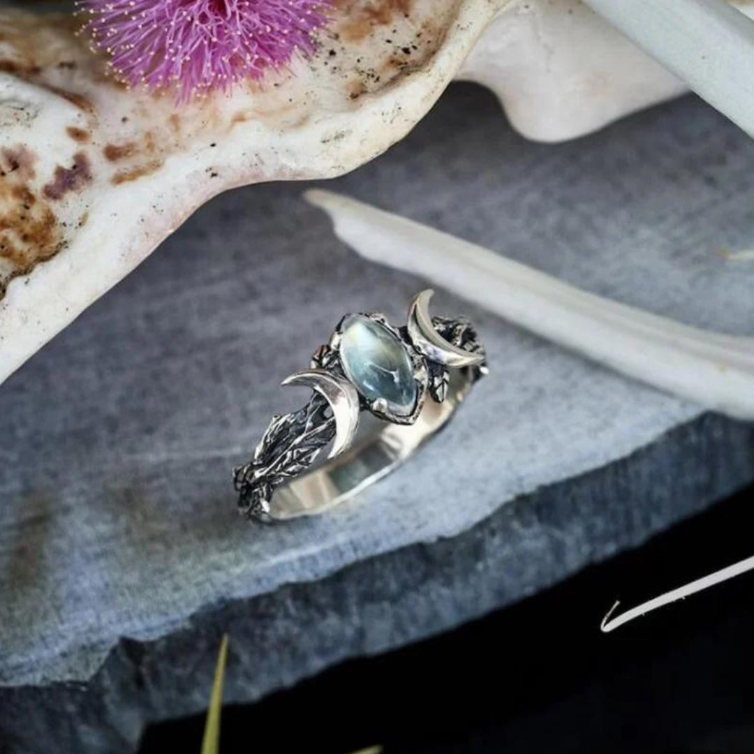 Double crescent moon gemstone ring