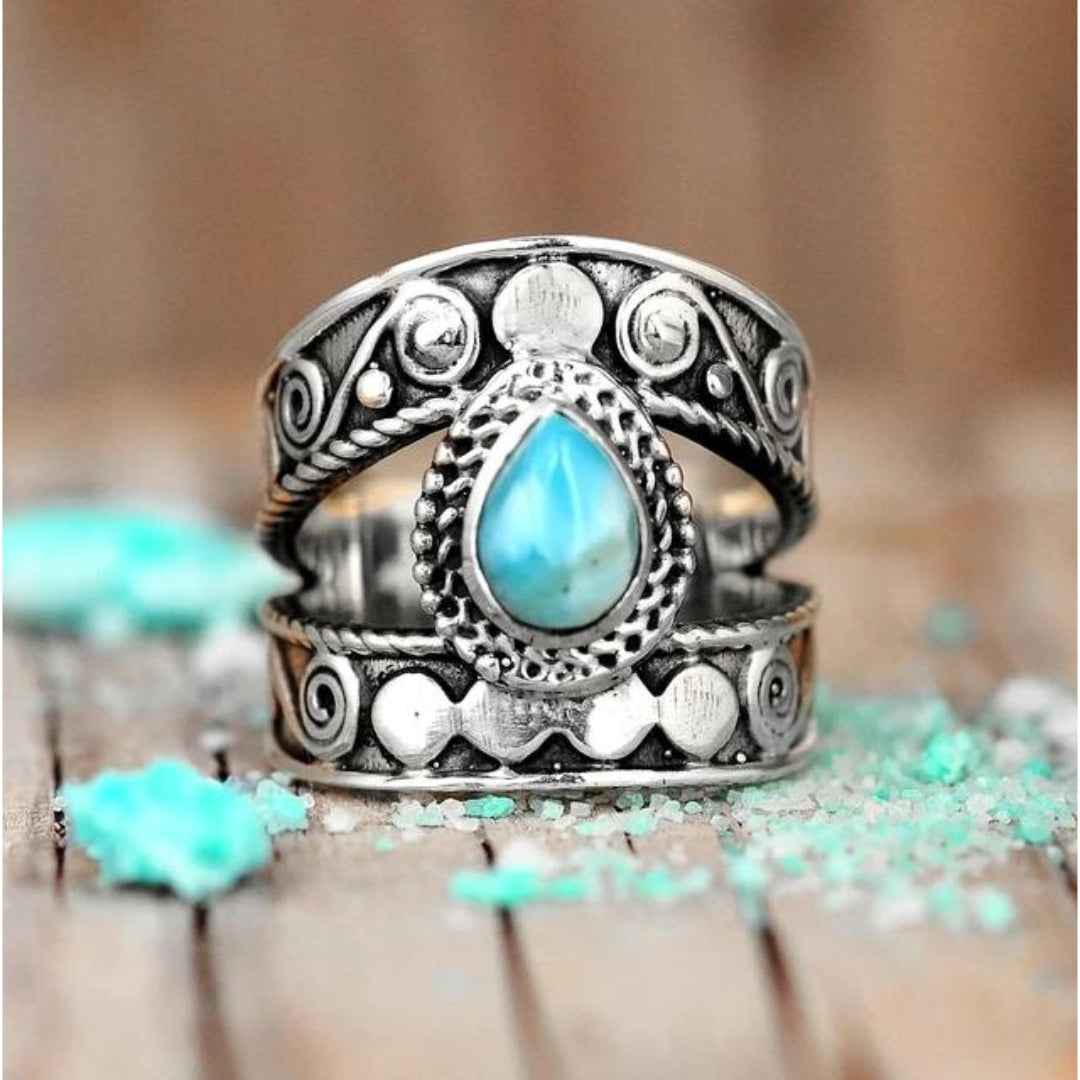 Turquoise drop openwork ring