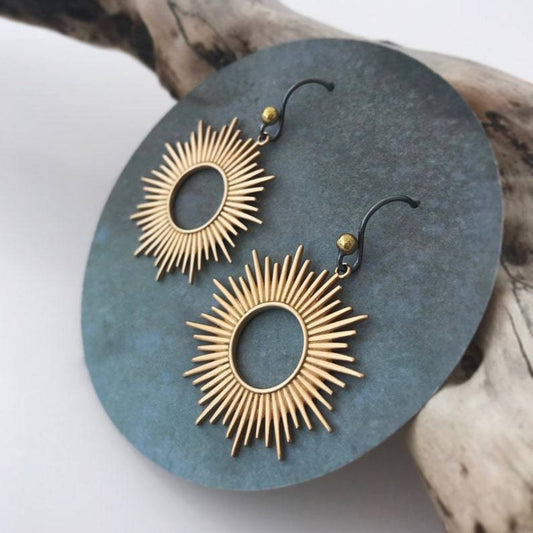 Statement Metal Sunburst Earrings With Hook Closure