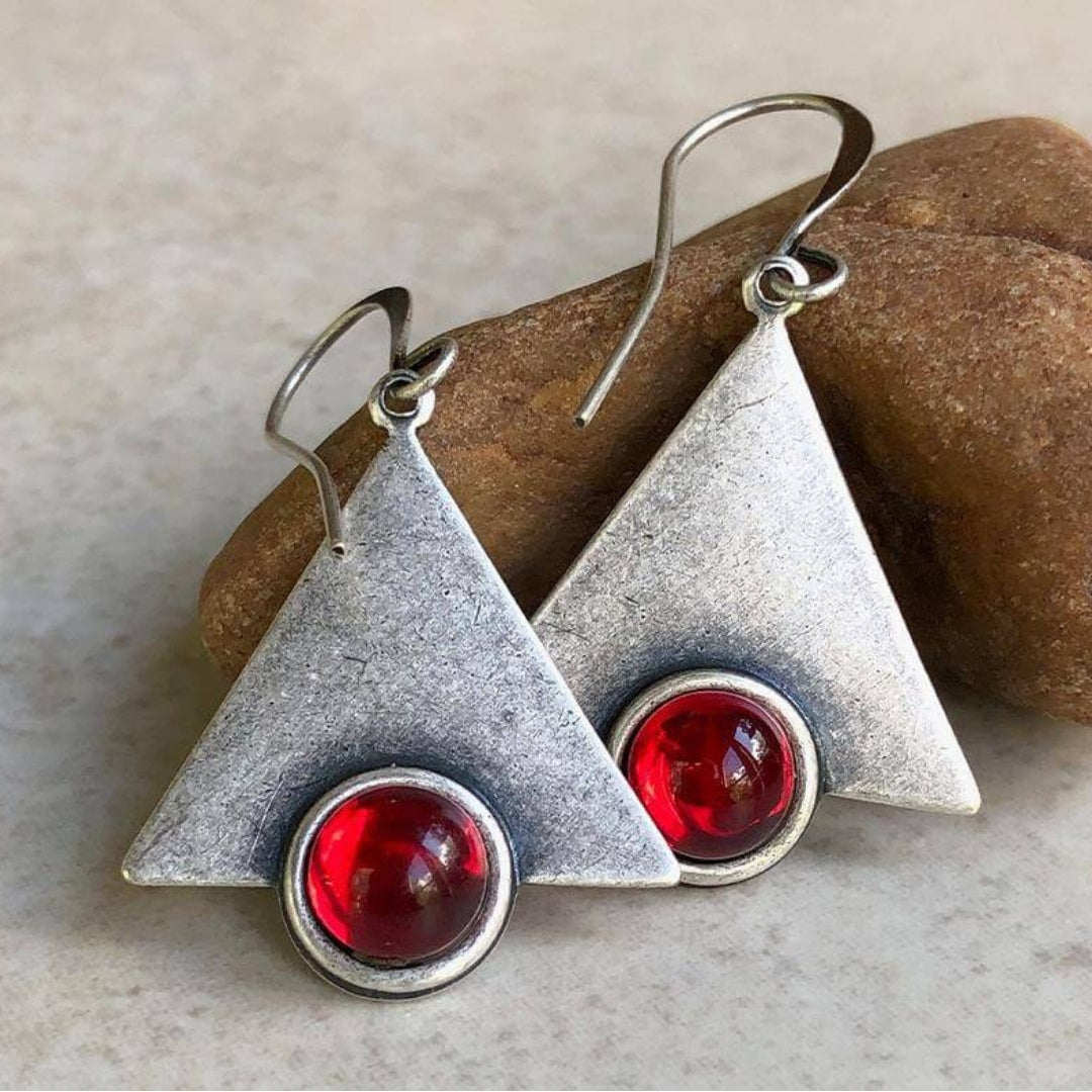 Boho triangle earrings with red stones