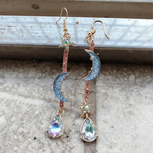 Crystal Teardrop Dangle Crescent Moon Earrings