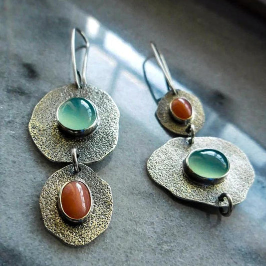 Cabochon Stone Dangle Disc Earrings