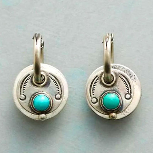 Ornate Metal Hoop Earrings with Round Accent