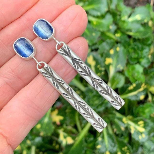 Gemstone Cabochon Engraved Dangle Earrings