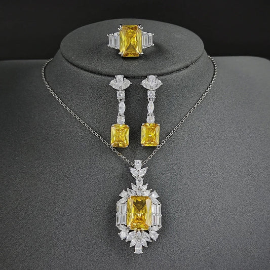Yellow Crystal Necklace and Earrings Set