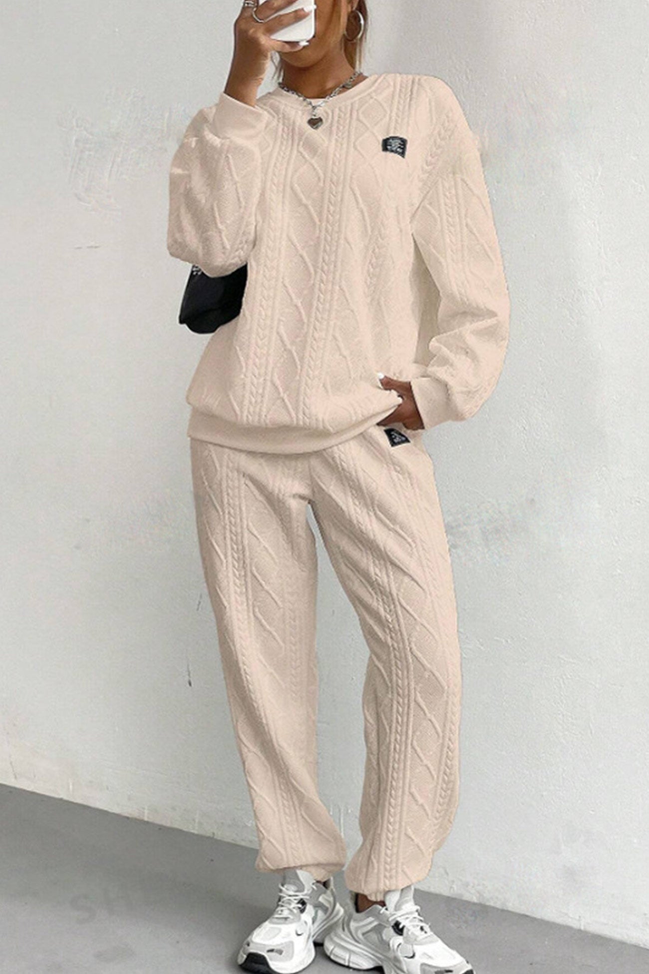 Women's cable knit crew neck sweatshirt and cinched ankle sweatpants set