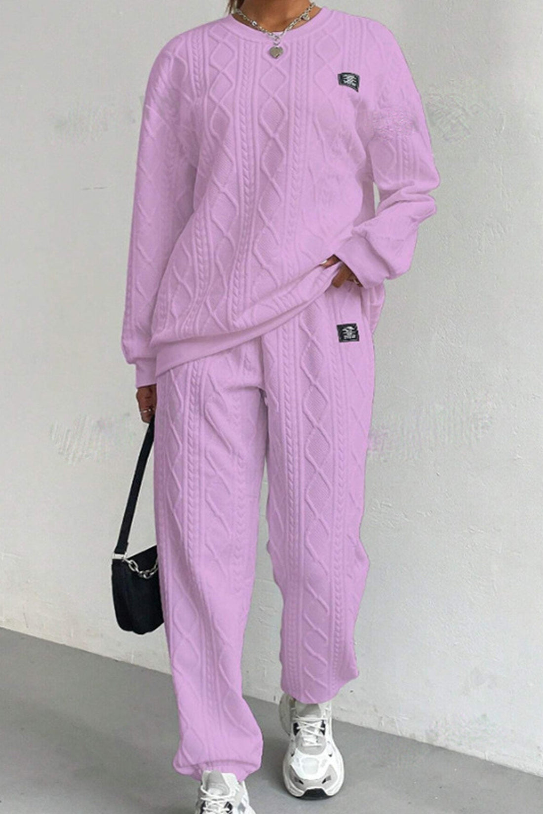 Women's cable knit crew neck sweatshirt and cinched ankle sweatpants set